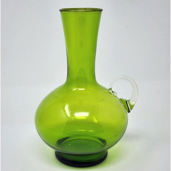 MCM Green Glass Vase Carafe Pitcher Clear Handle 6" Tall Elegant Delicate - Picture 1 of 6